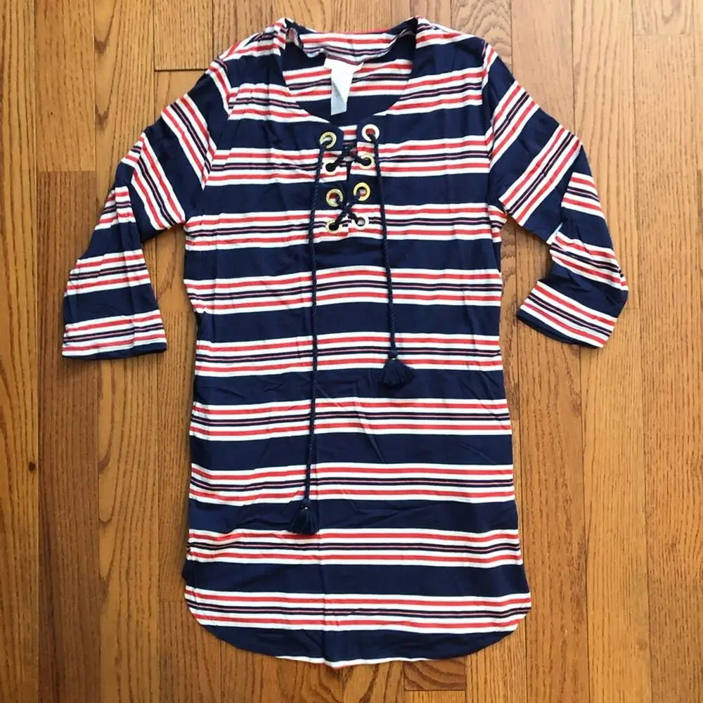 La Blanca Sailor Stripe Lace-Up Swim Blue Cover-Up Tunic Women's Size S NWOT